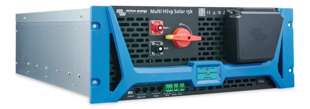 Victron Multi HS19 Solar 15k inversor cargador trifásico con conexiones frontales vista lateral derecha